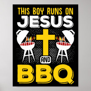 イエスとBBQの走喫煙者のグリルの上の男の子 ポスター