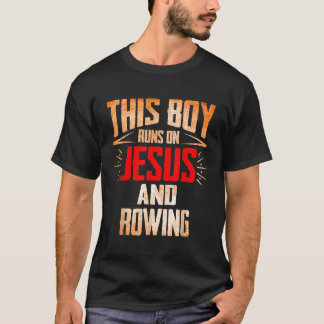 イエスに走ついてクリスマスの贈り物を漕ぐ少年 Tシャツ