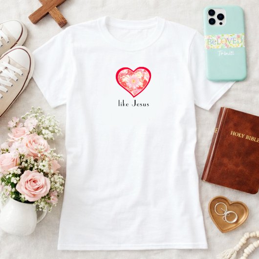 イエスのように愛する フローラル 赤いハート キリスト教 Tシャツ
