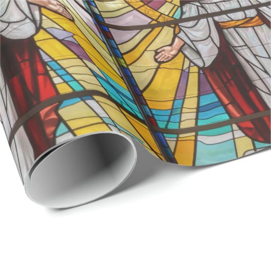 イエスの腕が彼の後カラフルろにステンドグラスを開く ラッピングペーパー (ロールコーナー)
