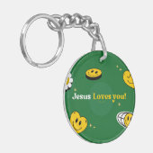 "イエスはあなたを愛している"教会の信者のための緑のスマイリー キーホルダー (正面左)