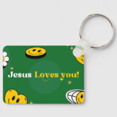 "イエスはあなたを愛している"教会の信者のための緑のスマイル キーホルダー (正面)