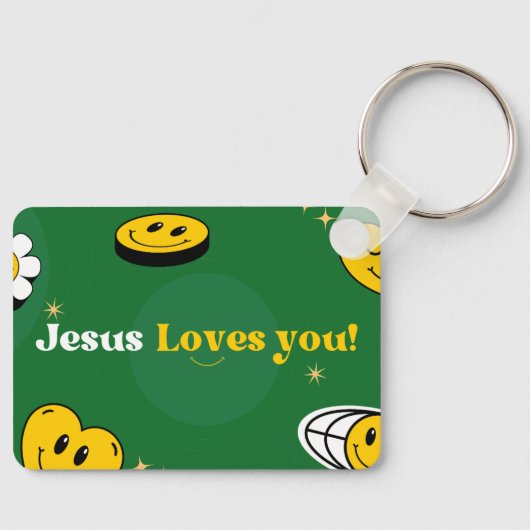 "イエスはあなたを愛している"教会の信者のための緑のスマイル キーホルダー (正面)