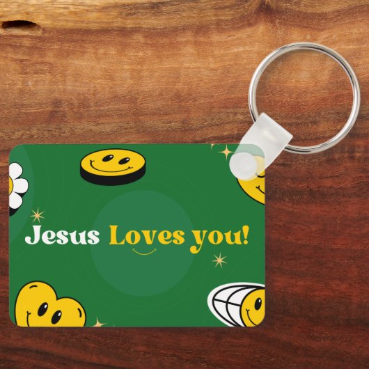 "イエスはあなたを愛している"教会の信者のための緑のスマイル キーホルダー (正面)