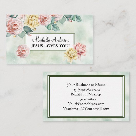 イエスはあなたを愛してる！美しいピンクのバラ、フローラ 名刺 (正面/裏面)