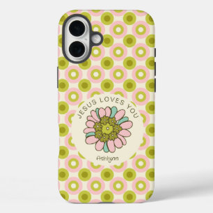 イエスはピンク色の緑のレトロの円のパターンを愛する iPhone 16 PLUSケース