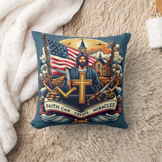イエスは信仰と希望の象徴を持つ十字架を持つ クッション (ブランケット)