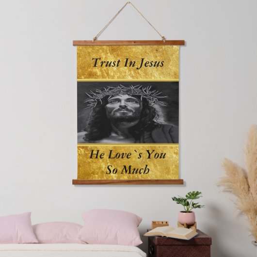 イエスは天国を金ゴールドフォイルデザインで調べている 吊り下げ型タペストリー (寝室)