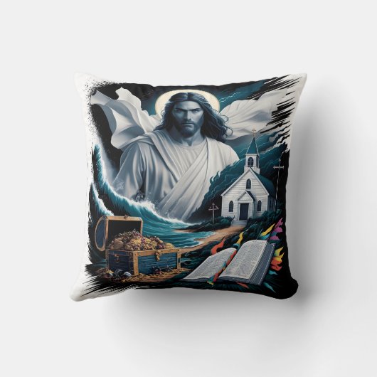 イエスは教会の近くの波浪と宝の中で クッション (裏面)