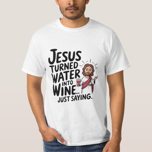 イエスは水をワインの宗教的おもしろいなシャツに Tシャツ (正面)