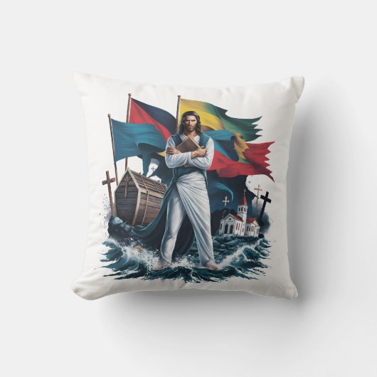 イエスは波と旗の間で固く立つ クッション (正面)
