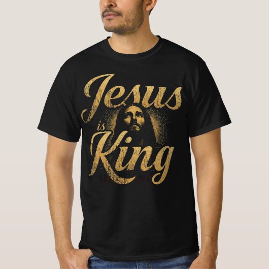 イエスは王様 大胆 ゴールド キリスト教のタイポグラフィ Tシャツ (正面)
