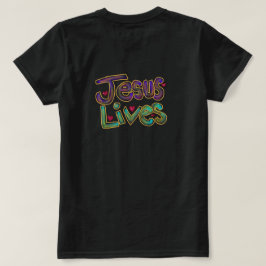 「イエスは生きておられる」キリスト教の名言 レディース ブラック Tシャツ