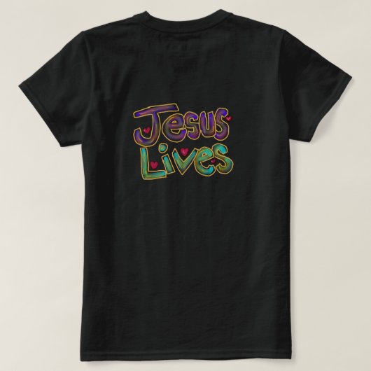 「イエスは生きておられる」キリスト教の名言 レディース ブラック Tシャツ (デザイン裏面)
