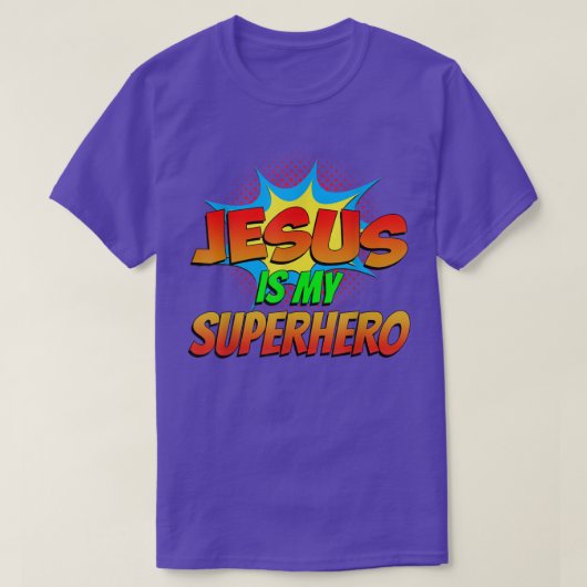 『イエスは私のスーパーヒーロー』漫画 キリスト教 宗教 Tシャツ (デザイン正面)