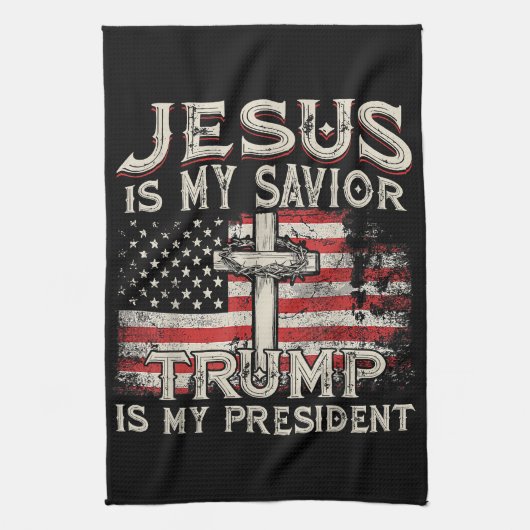 イエスは私の救い主であり、トランプは私の大統領アメリカ人である キッチンタオル (縦)