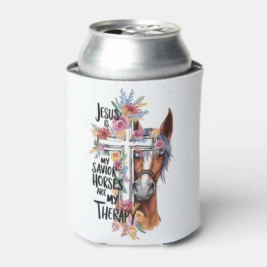 イエスは私の救い主である馬は私のセラピーであるおもしろい 缶クーラー (缶正面)