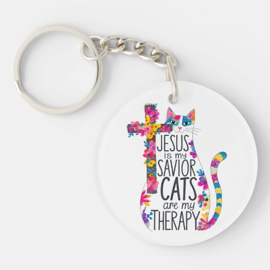 イエスは私の救い主の猫であり、私のセラピーおもしろい キーホルダー (正面)
