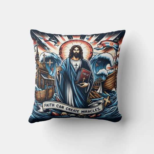 イエスは荒れ狂う海の中に立インスパイアち、信仰を持つ クッション (裏面)