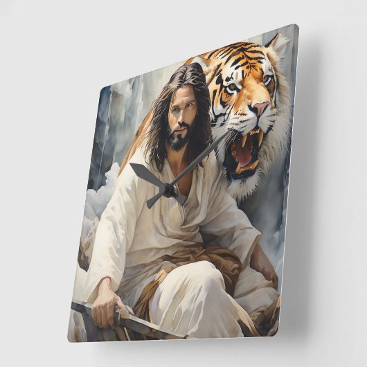 イエスは虎と岩の上に横たわる スクエア壁時計 (傾斜)