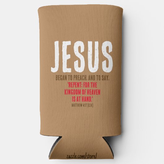 「イエスは説教し始めた。」 マタイ4:17 – チョコレート スリム缶クーラー (正面)