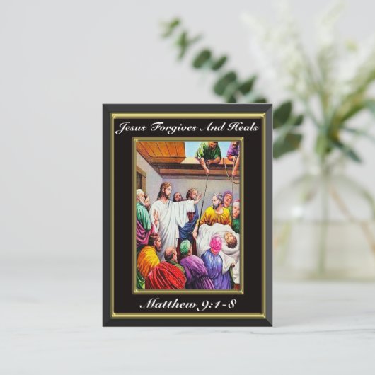 イエスは赦し、マタイを癒す9:1-8黒 ポストカード (スタンド正面)