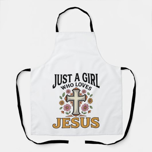 イエスを愛する女の子のフラワーリース十字架Tシャツ_1 エプロン (正面)