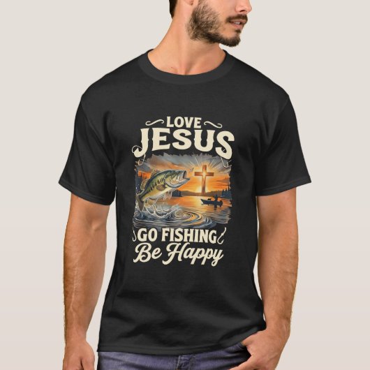 イエスを愛する 釣りに行く 幸せになる バス釣り Tシャツ (正面)
