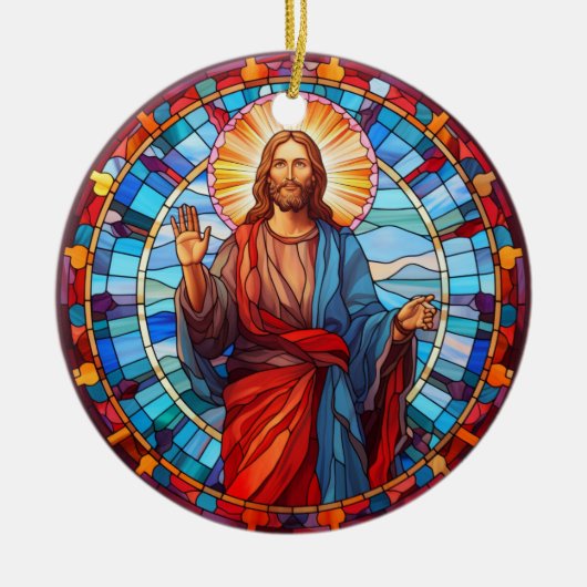 イエスキリストの恵みステンドグラスのクリスマス セラミックオーナメント (正面)