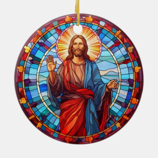 イエスキリストの恵みステンドグラスのクリスマス セラミックオーナメント (裏面)