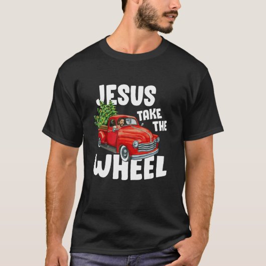 イエスキリスト車の赤いトラックのクリスマスChを取る Tシャツ (正面)