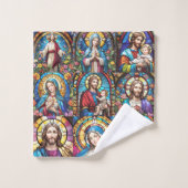 イエスキリスト・マリア&ジョセフ・クリスチャンのステンドグラス バスタオルセット (ウォッシュタオル)