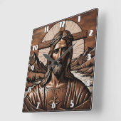 イエスポートレートに囲まれた山と十字架 スクエア壁時計 (傾斜)