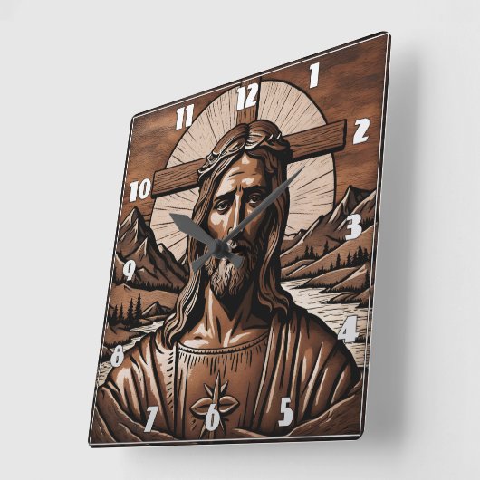 イエスポートレートに囲まれた山と十字架 スクエア壁時計 (傾斜)