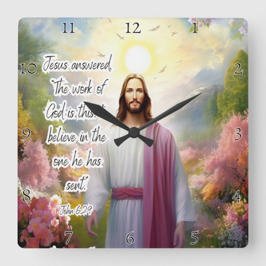 イエス信じ:神の遣わされた方 スクエア壁時計 (正面)