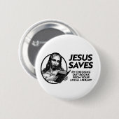 イエス救は、図書館の本をチェックして 缶バッジ (正面&裏面)