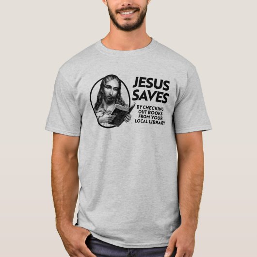 イエス救は、図書館の本をチェックして Tシャツ (正面)
