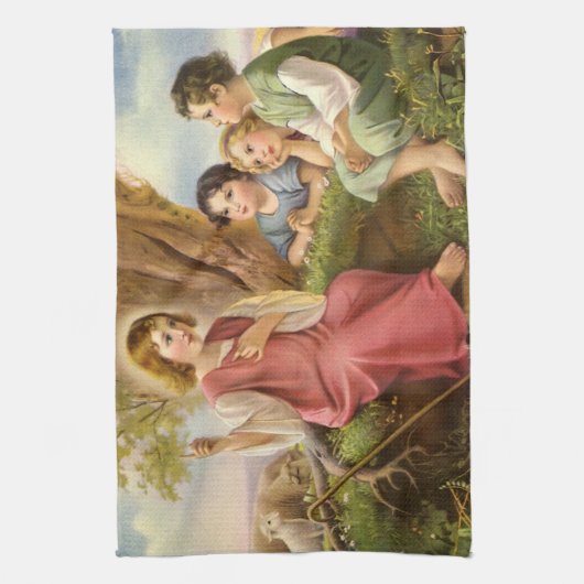 イエス教えキリストの子供たち，ヴィンテージ宗教 キッチンタオル (縦)