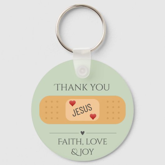 イエス様が主を癒してくれてありがとう緑ボタン キーホルダー (正面)