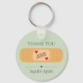 イエス様が主を癒してくれてありがとう緑ボタン キーホルダー (裏面)