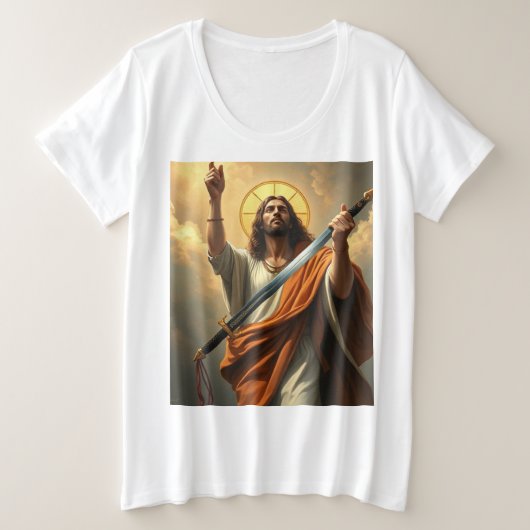 イエス様が剣の女性プラスサイズティーで戻る プラスサイズTシャツ (デザイン正面)