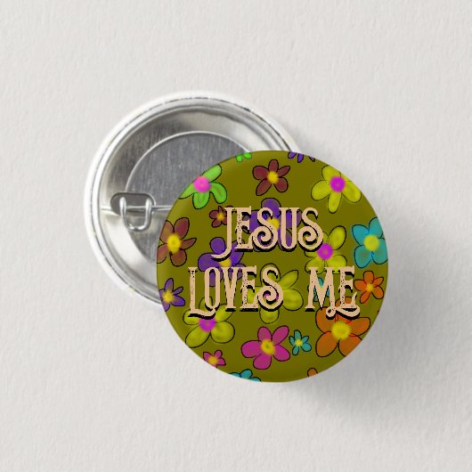 イエス様が私を愛してかわいいレトロの花柄 缶バッジ (正面&裏面)