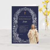 イエス様の祝福 ネイビーブルーの誕生日 カード (黄色い花)