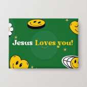 「イエス様はあなたを愛している」青少年のための緑のスマイリー 缶バッジ (正面)