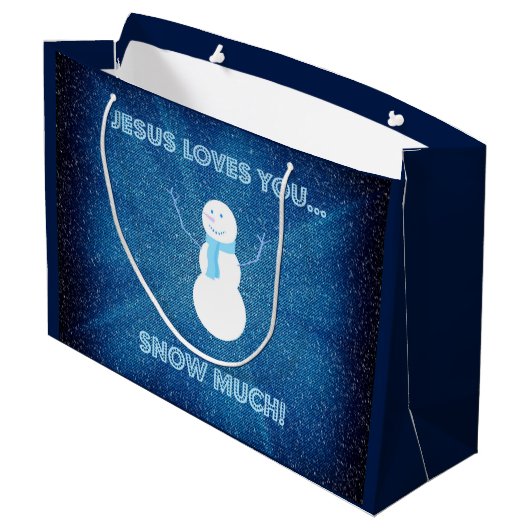 イエス様は雪が大好き！クリスチャン雪だるまブルー ラージペーパーバッグ (裏面アングル)