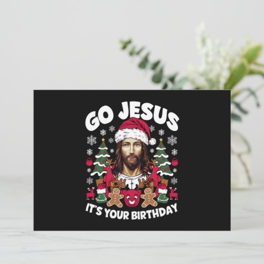 イエス様 誕生日おめでとう ダサいクリスマススウェーター シーズンカード (スタンド正面)