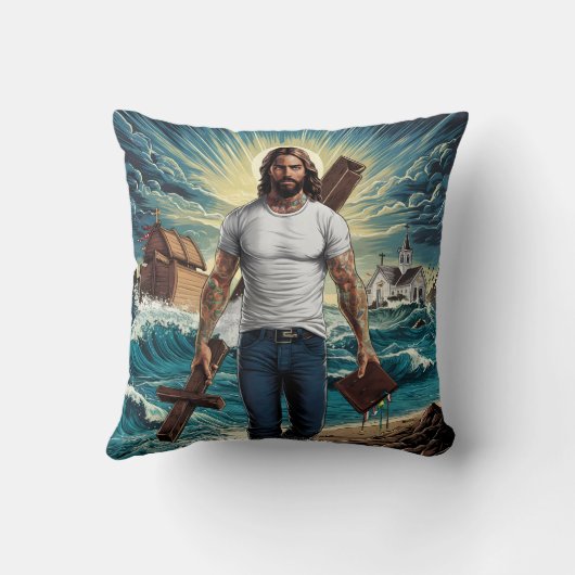 イエス歩くは十字架を持つ激動の海で クッション (裏面)