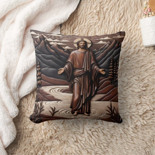 イエス歩くオン水に囲まれた山々 クッション (ブランケット)