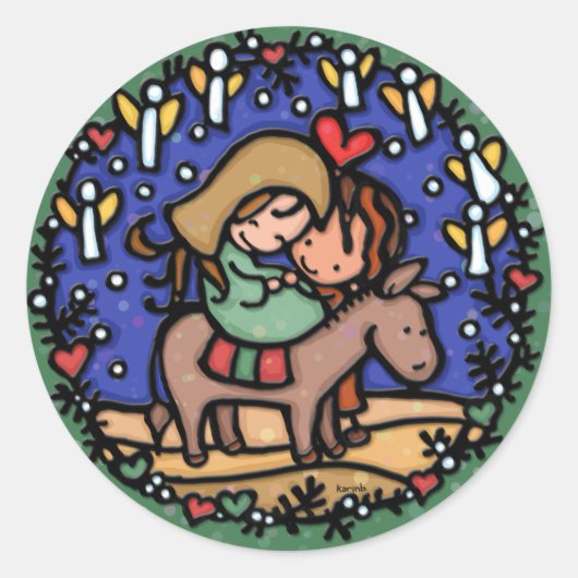 イエス生まれのクリスマスの日天使は緑を喜んだ ラウンドシール (正面)