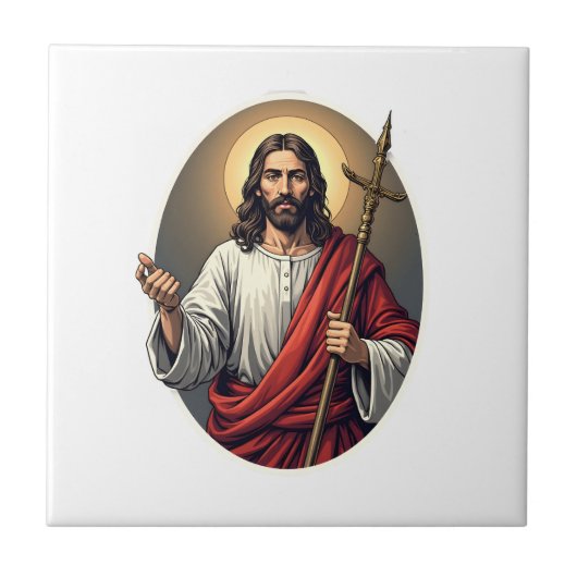 イエス羊飼いの紋章ビンテージ風彫刻Tシャツ タイル (正面)